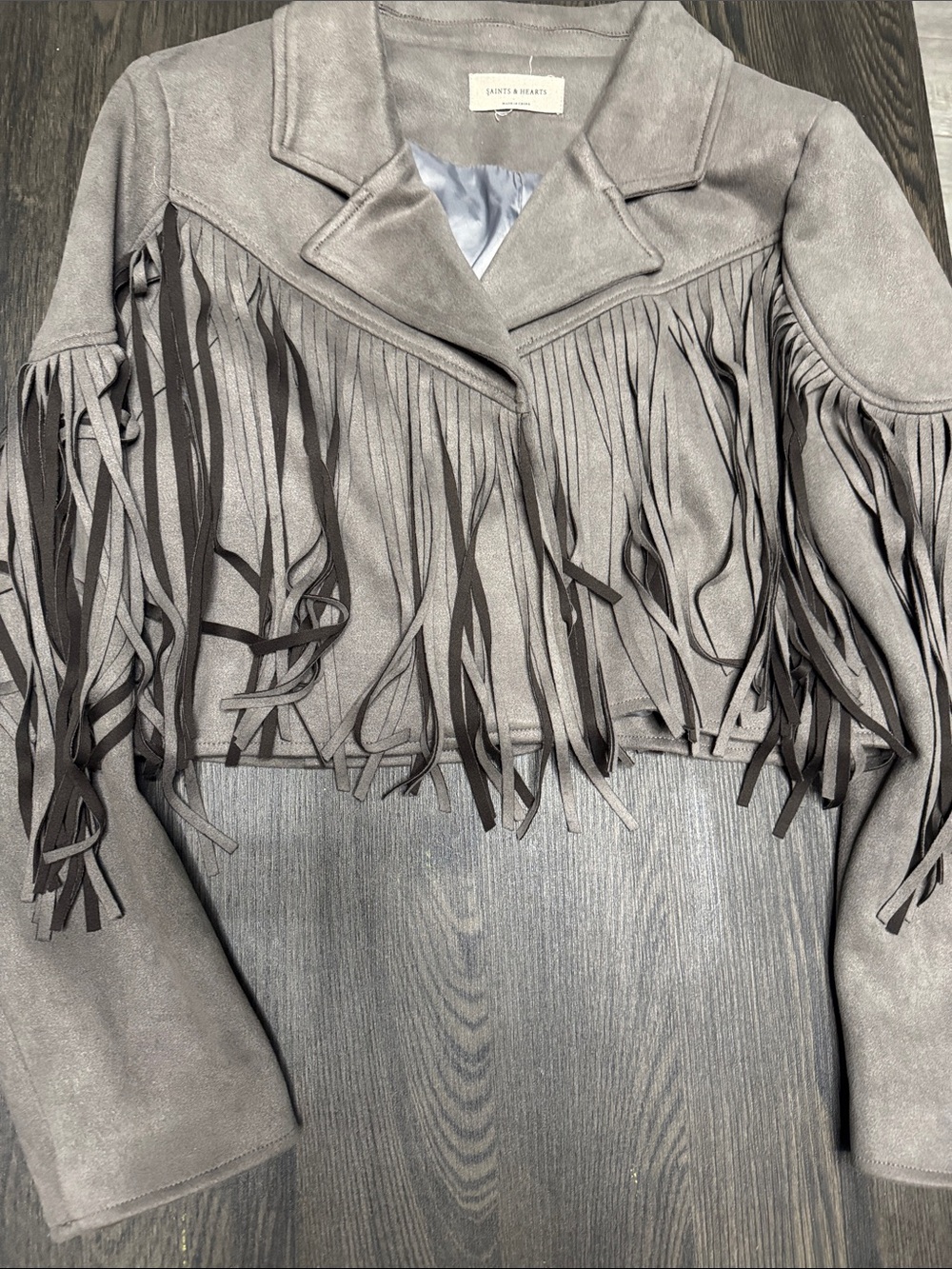 Saints & Hearts  Gray Faux Suede Fringe Jacket